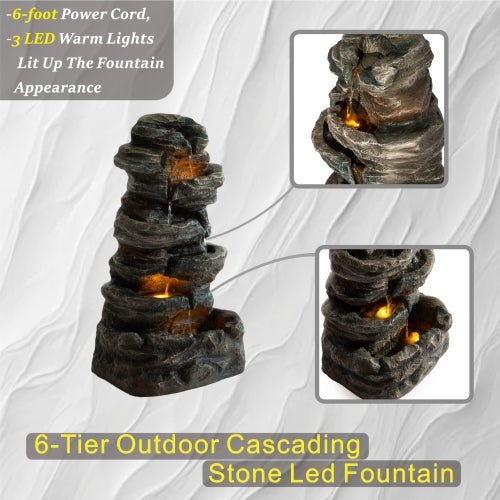 6 - Tier Outdoor Cascading Stone Water Fountain with 3 LED Lights - 🟢 Outdoor Decor available at Alpine Outlets in Denver