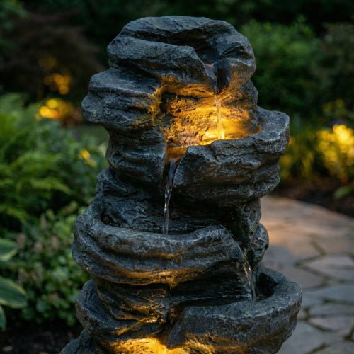 6 - Tier Outdoor Cascading Stone Water Fountain with 3 LED Lights - 🟢 Outdoor Decor available at Alpine Outlets in Denver