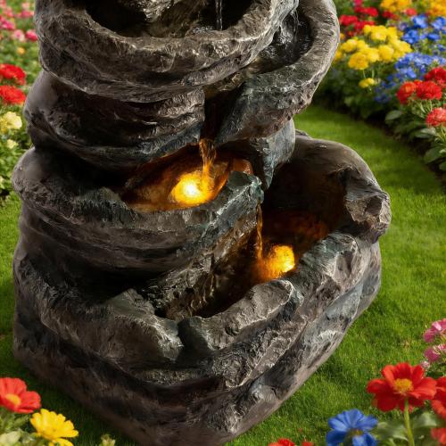 6 - Tier Outdoor Cascading Stone Water Fountain with 3 LED Lights - 🟢 Outdoor Decor available at Alpine Outlets in Denver