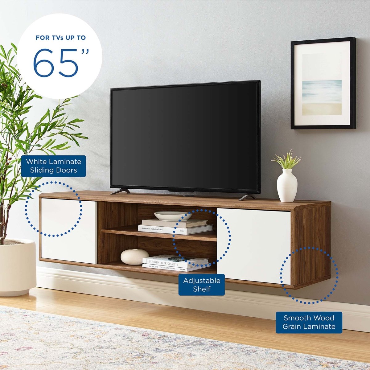 60 Inch Elegant Wall - Mounted TV Stand in Walnut White - TV Stands available at Alpine Outlets in Denver
