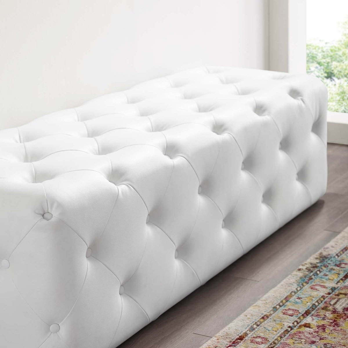 60 Inch Sophisticated Tufted Button Faux Leather Bench in White - Benches available at Alpine Outlets in Denver