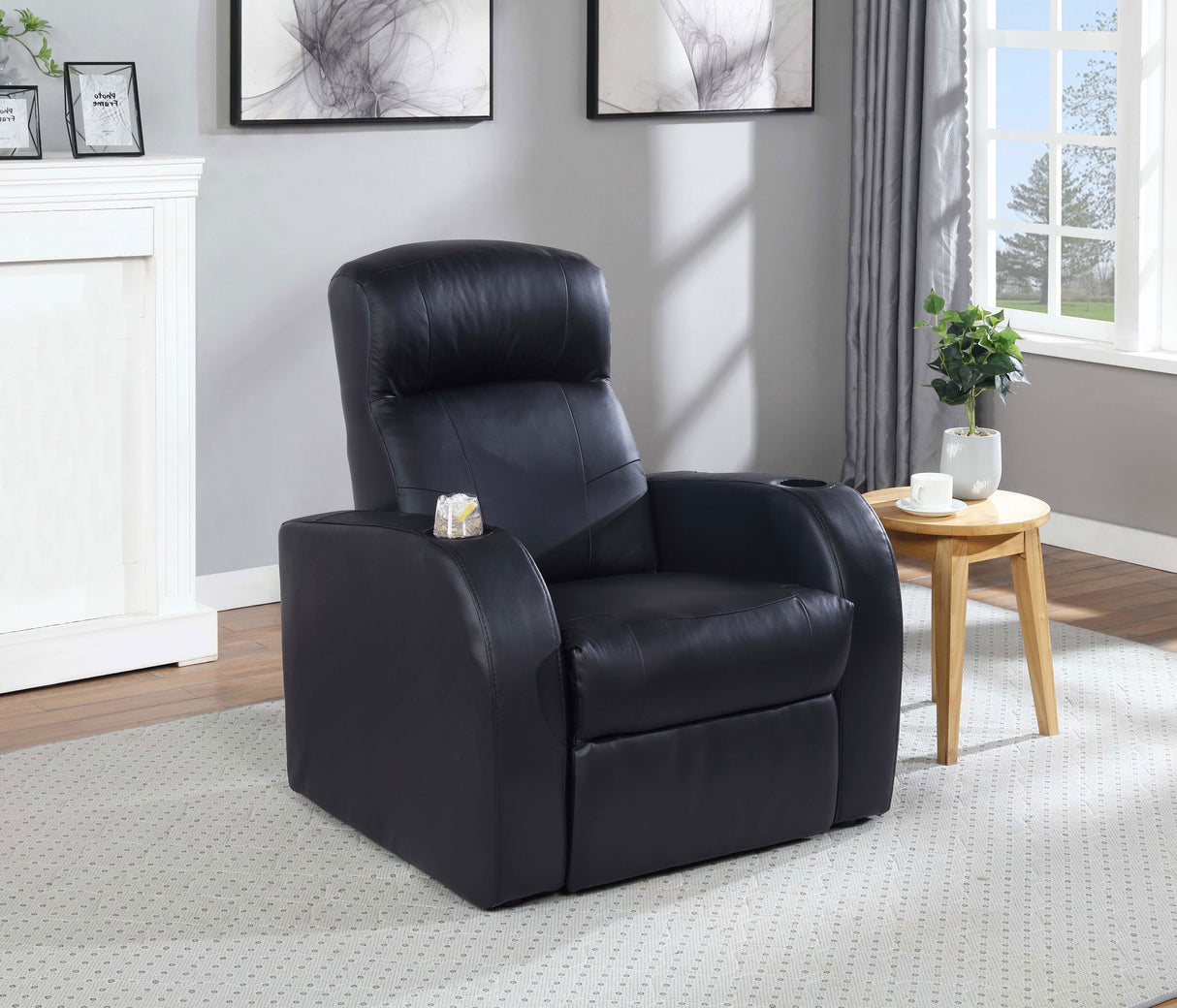 Cyrus Upholstered Track Arm Recliner in Black Leather