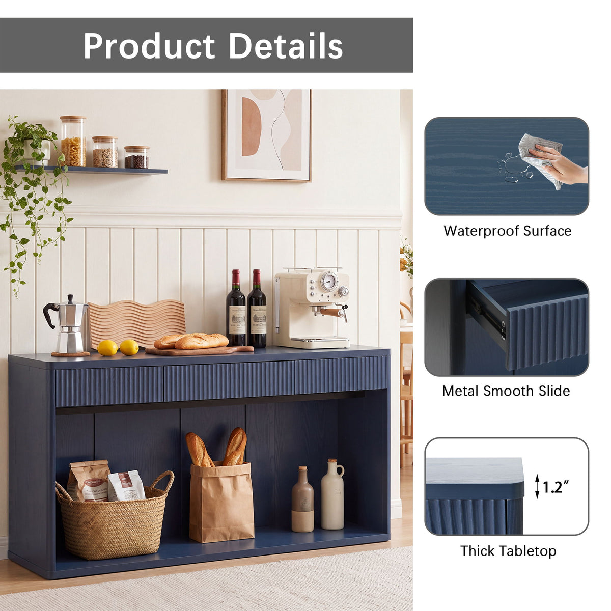 Fluted Console Table With 3 Drawers, Long Sofa Table Behind Couch For Living Room