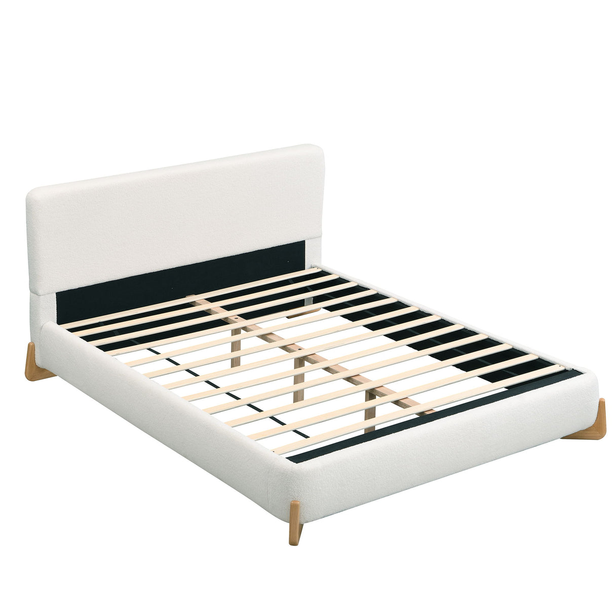 Queen Size Upholstered Bed With Slat Support - White