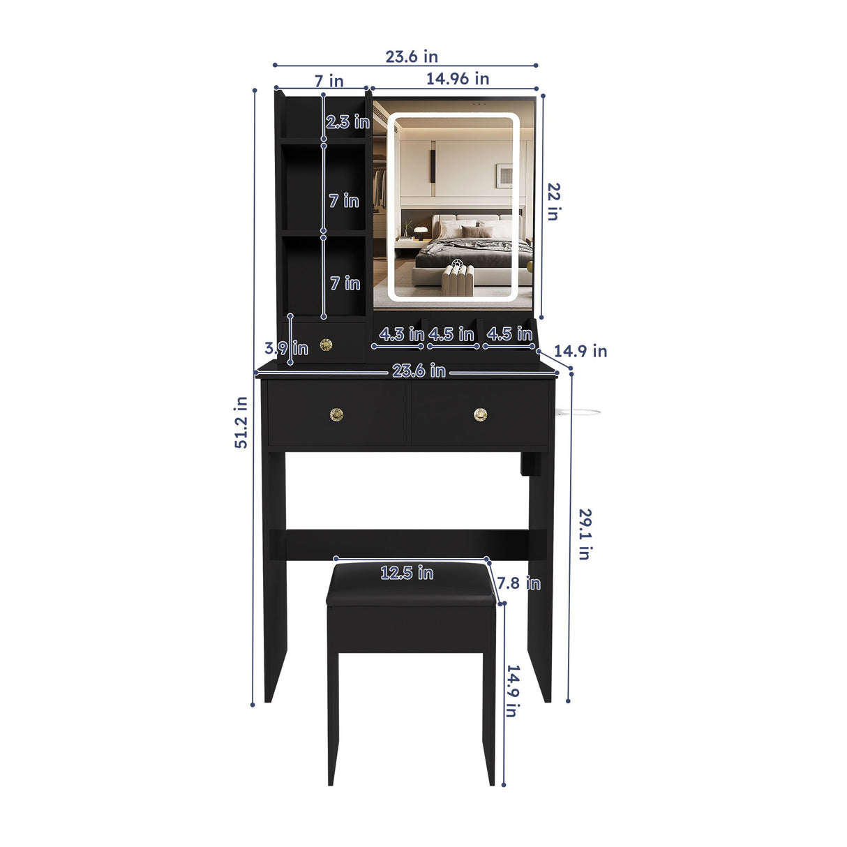 Modern Small Vanity Desk With 3 LED Lighting Modes, 3 Drawers