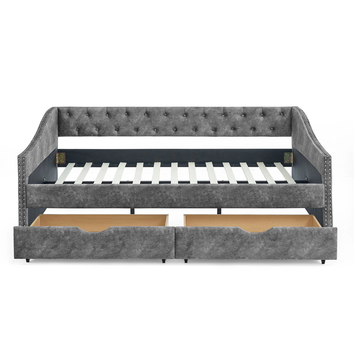 Upholstered Tufted Daybed With Drawers, Waved Arms