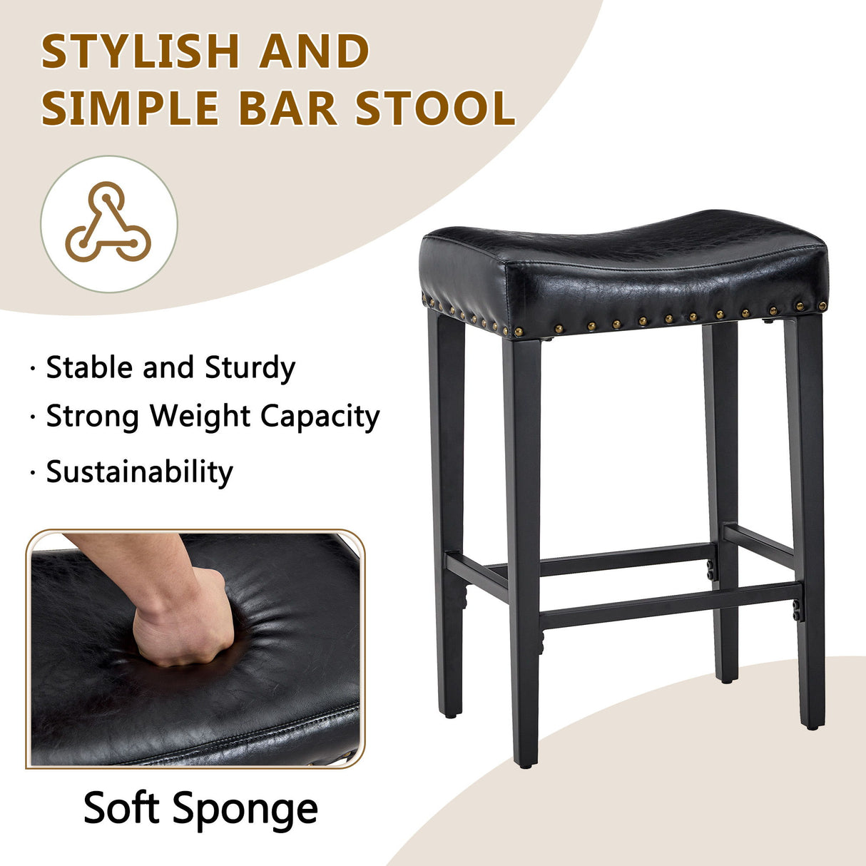 Bar Stool With Brass Nailhead Trim (Set of 2) - Black