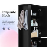 Tall Freestanding Bathroom Storage Cabinet With Adjustable Shelves And Side Hooks
