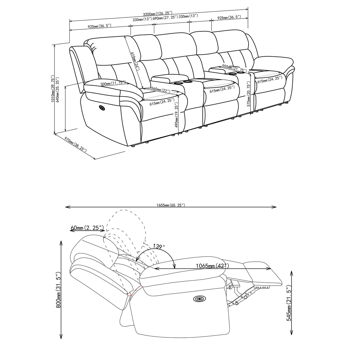Bahrain 5-Piece Power Home Theater Seating Charcoal