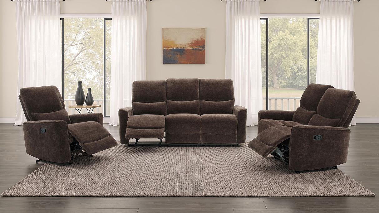 Navarro Chenille Upholstered Reclining Sofa in Dark Brown