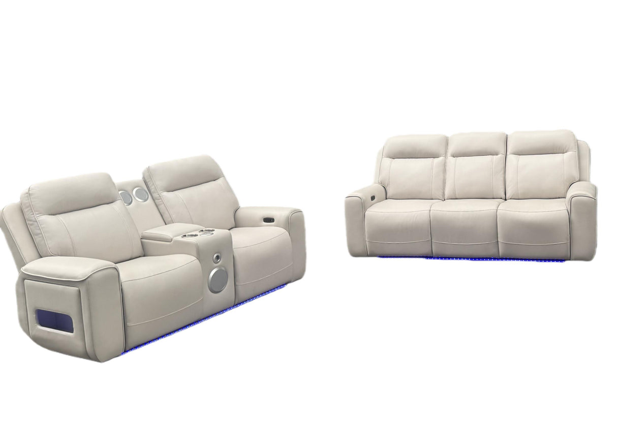 Sand Leatherette Power Reclining Sofa and Loveseat Set