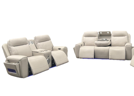 Sand Leatherette Power Reclining Sofa and Loveseat Set