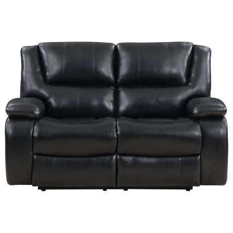 Camila Upholstered Motion Reclining Loveseat in Black