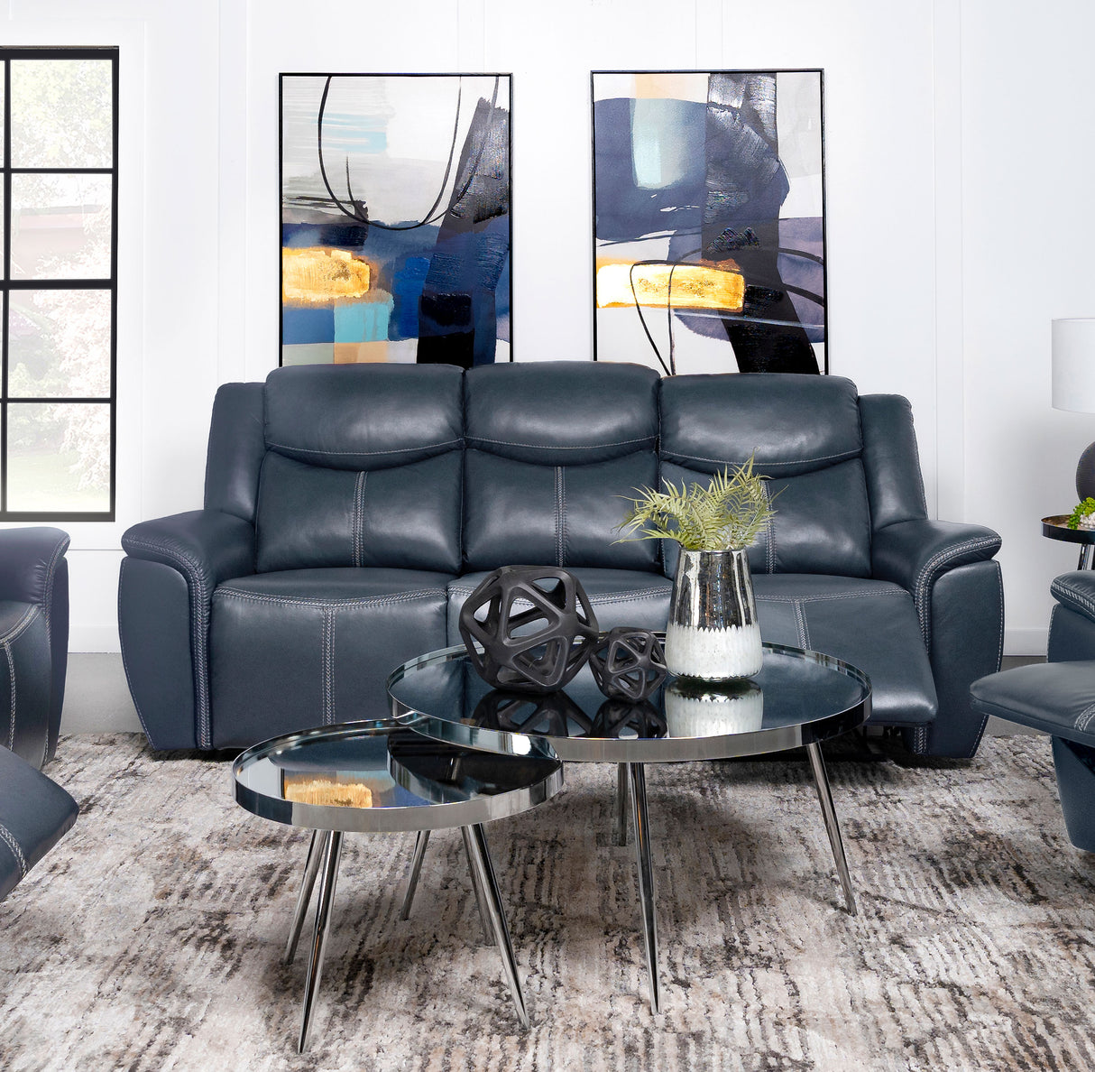 Sloane Blue Leatherette Reclining Sofa with Console