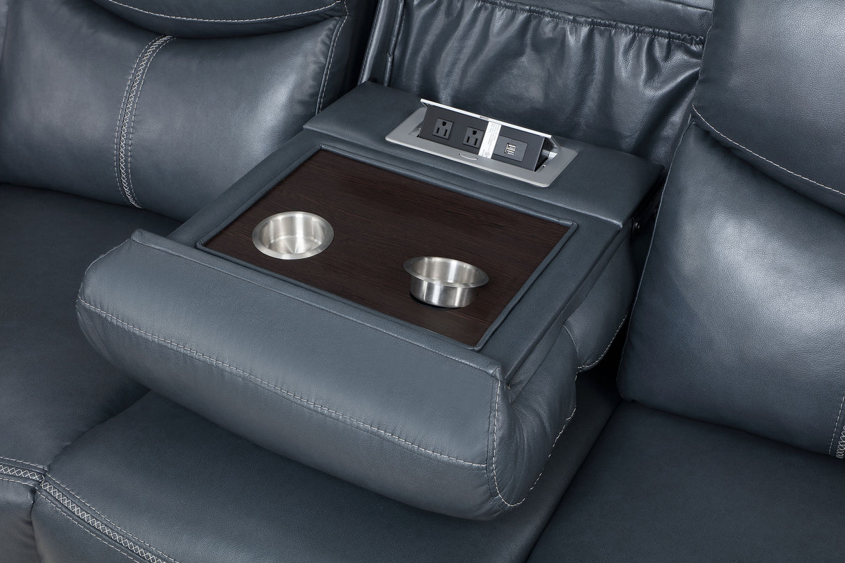 Sloane Blue Leatherette Reclining Sofa with Console