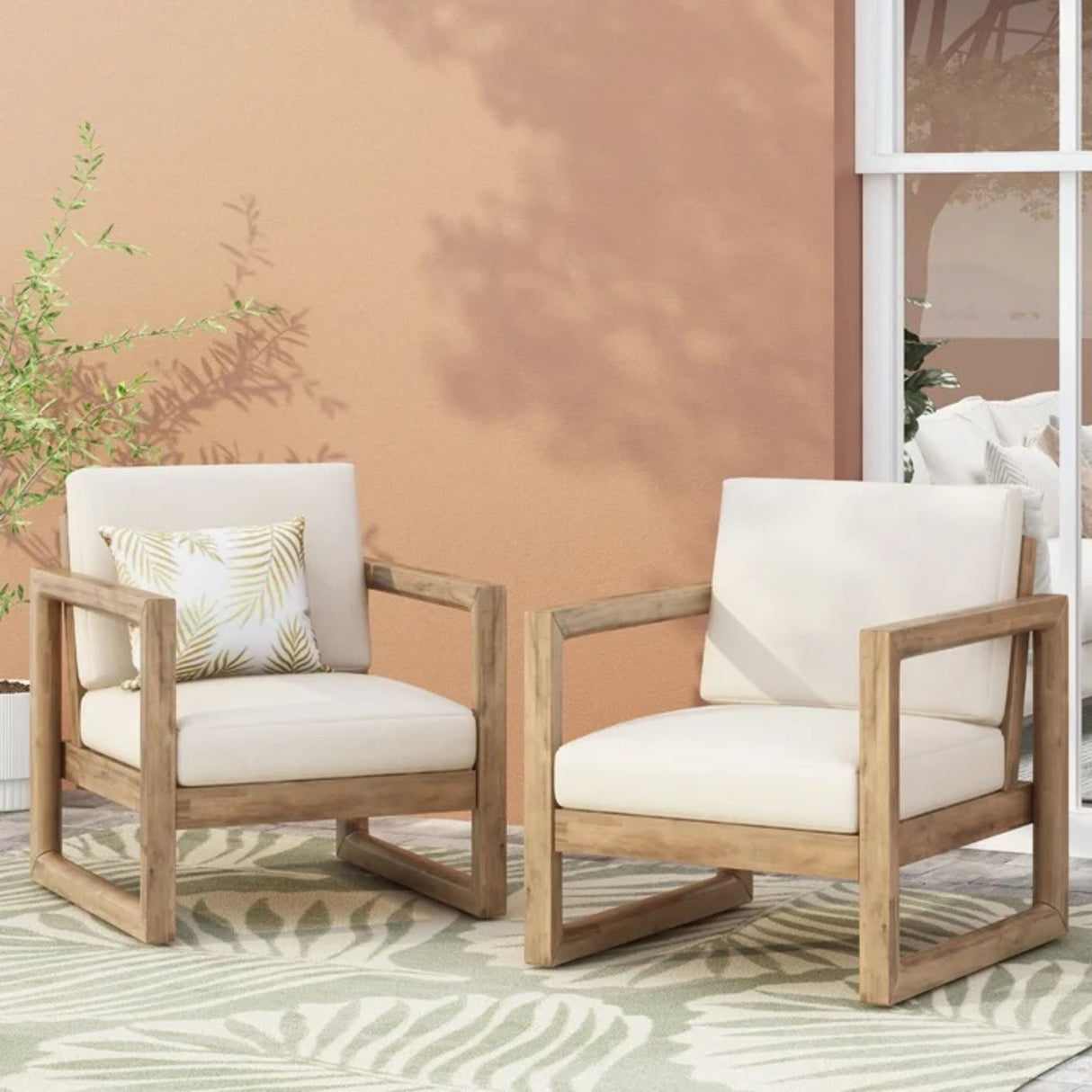Outdoor Acacia Wood Patio Club Chair, Wood Patio Furniture, Waterproof Thick Cushion Deep Seating For Porch - Brown Wash / Beige