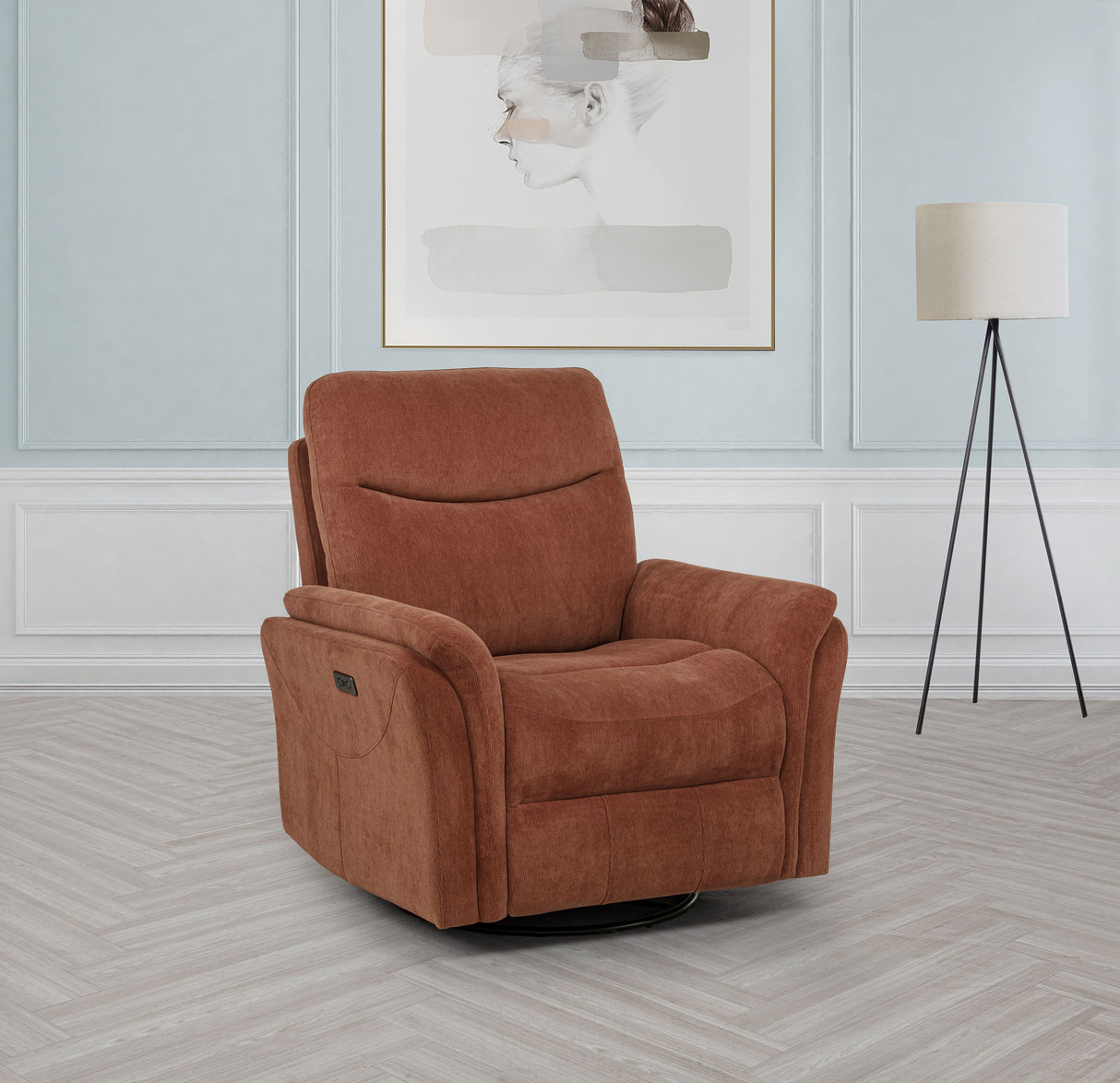 Adler Upholstered Power Swivel Glider Recliner in Rust