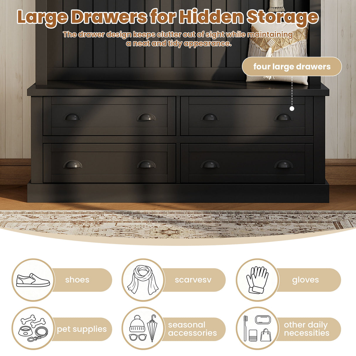 Hall Tree With 4 Drawers, Coat Rack With 6 Hooks