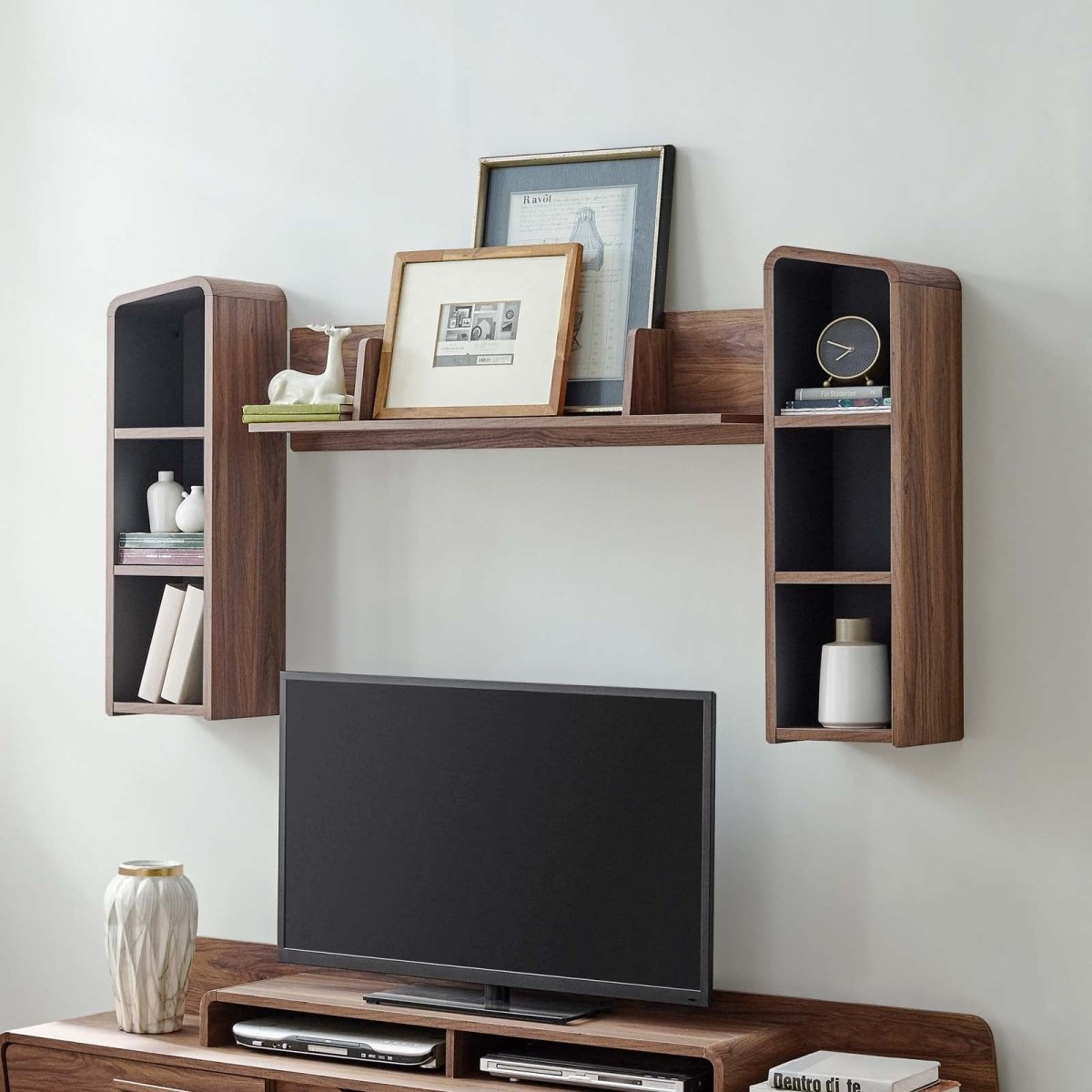 61.5" Mid - Century Wall - Mounted Shelf Unit in Walnut Gray - Bookcases available at Alpine Outlets in Denver