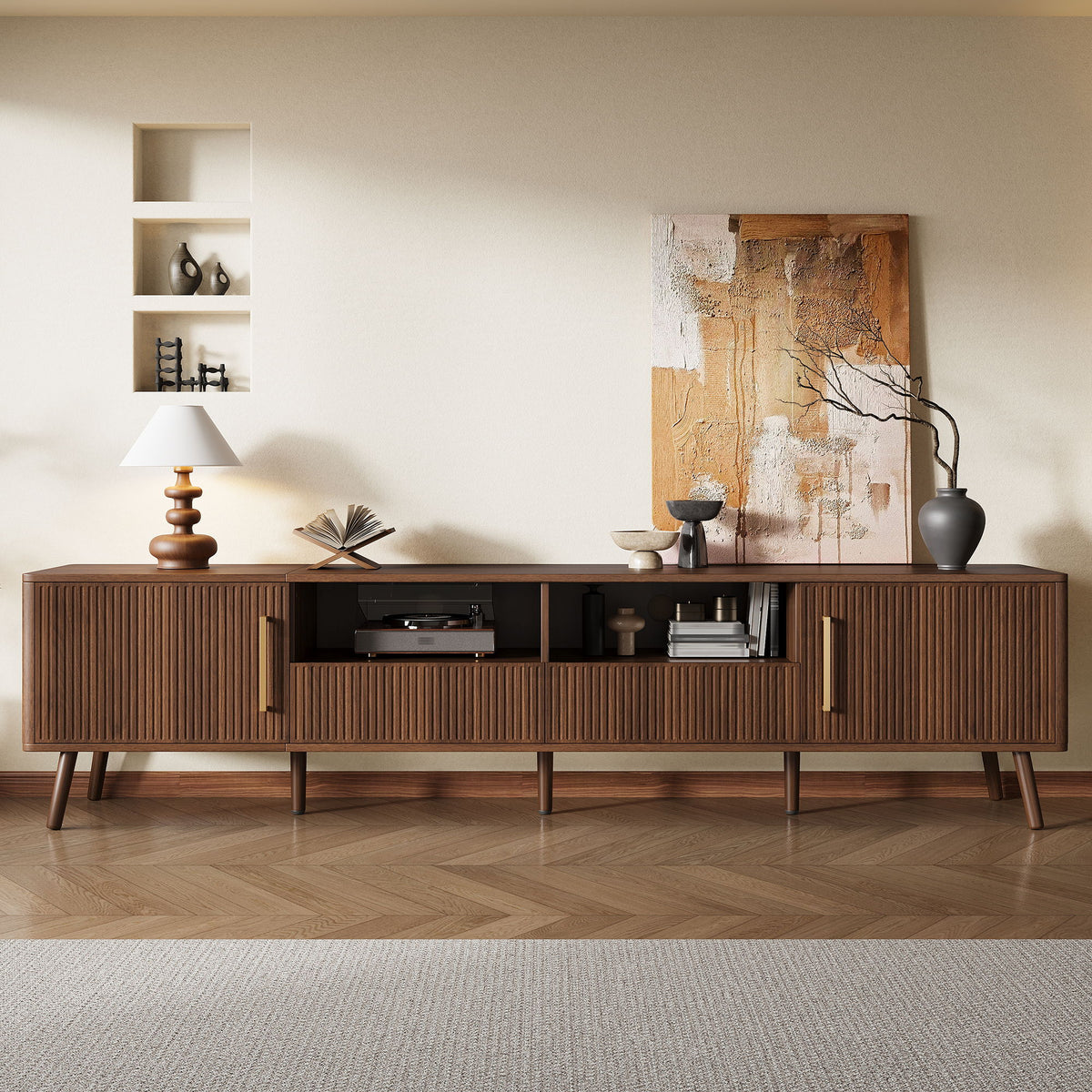 78" TV Stand For 85" TVs With Fluted Doors, Open Shelf, Cable Management - Walnut