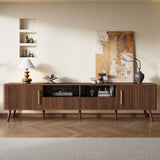 78" TV Stand For 85" TVs With Fluted Doors, Open Shelf, Cable Management - Walnut