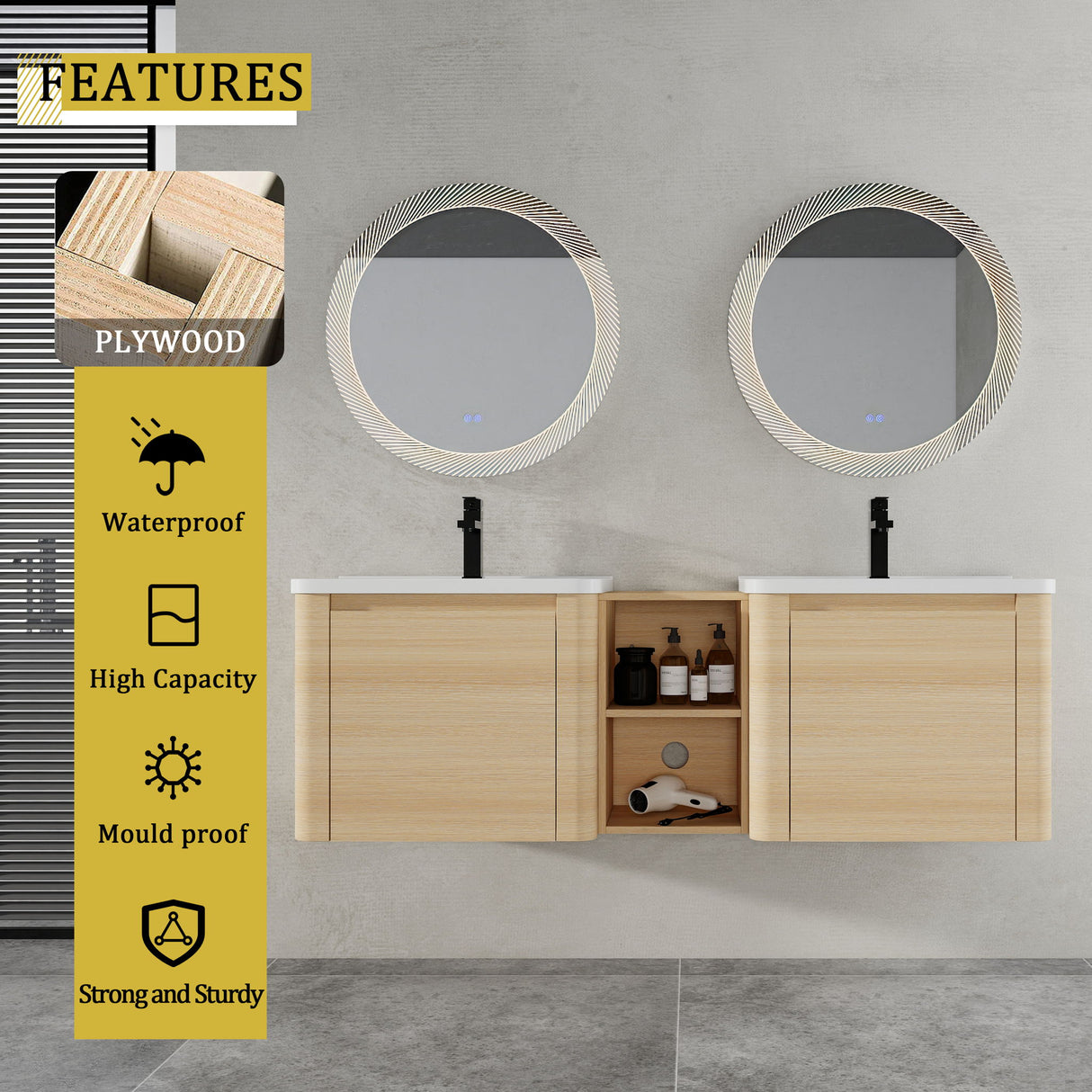 Wall Mounted Bathroom Vanity With Sink And Storage Shelves, Soft Close Doors