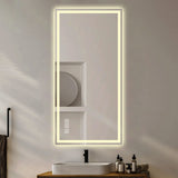 LED Bathroom Vanity Wall Mirror With Straight Edge Design, Frosted Glass Finish, Anti Fog, Dimmable 3 Color Lighting - Silver
