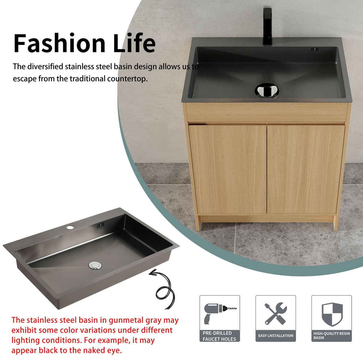 28" Freestanding Bathroom Vanity With Sink, Soft Close Doors - Oak