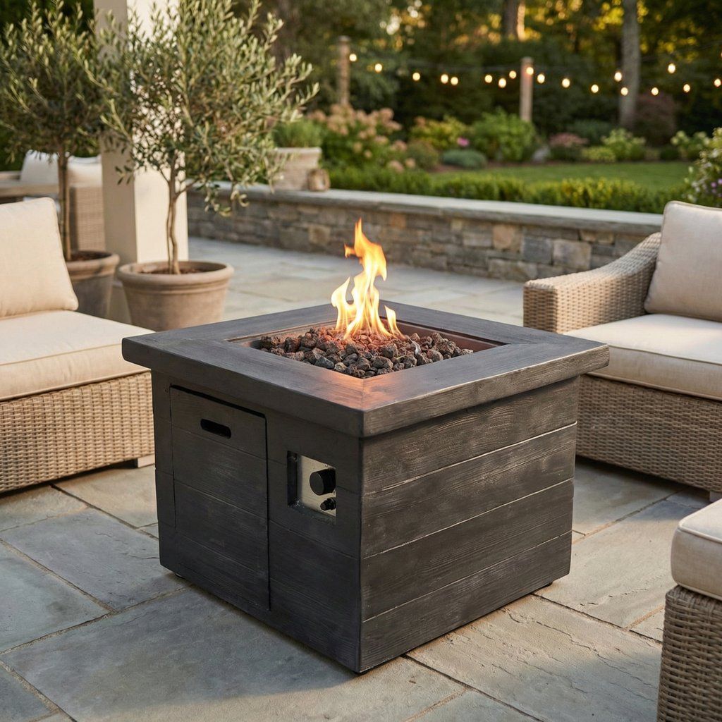 Fire Pit Table Outdoor Heater Dual Fuel Fiber Reinforced 32x24in Charcoal