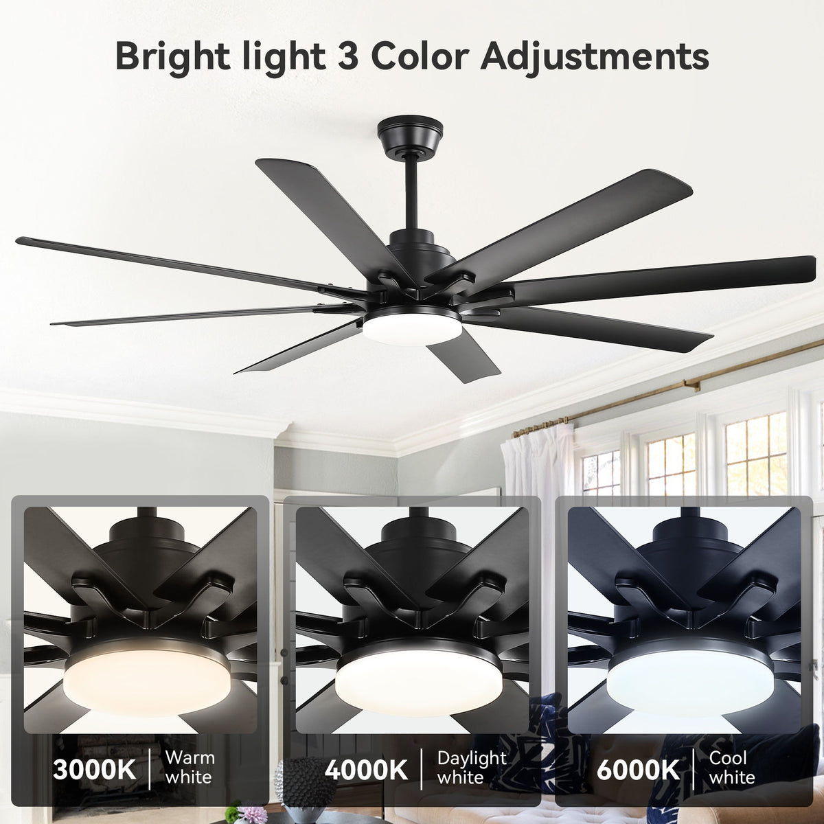 52" Smart Ceiling Fan With 8 Blades, Voice Remote Control, 6 Wind Speeds, LED Light - Black