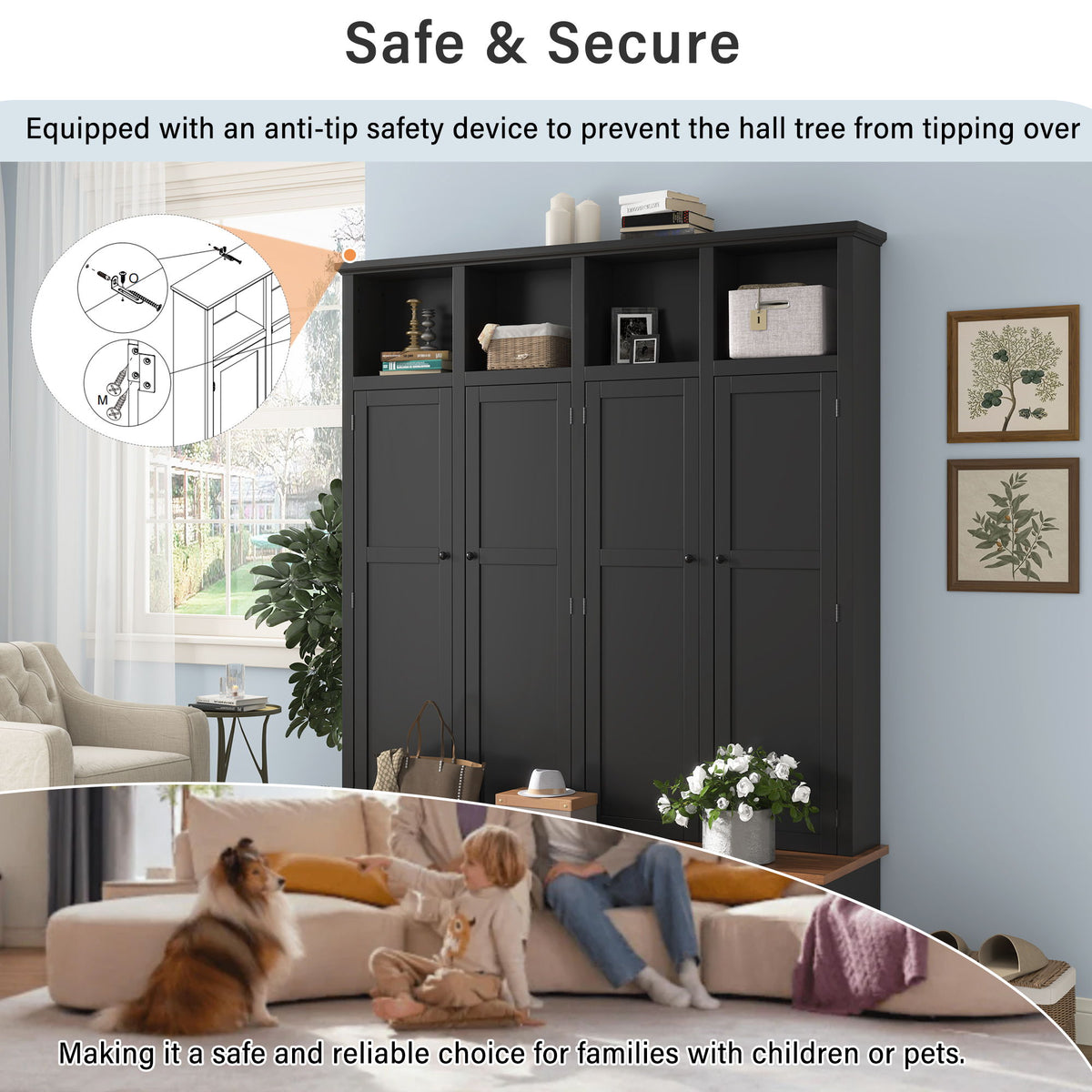 Hall Tree With Bench And Cabinet, 4 In 1 Entryway Bench With Coat Rack