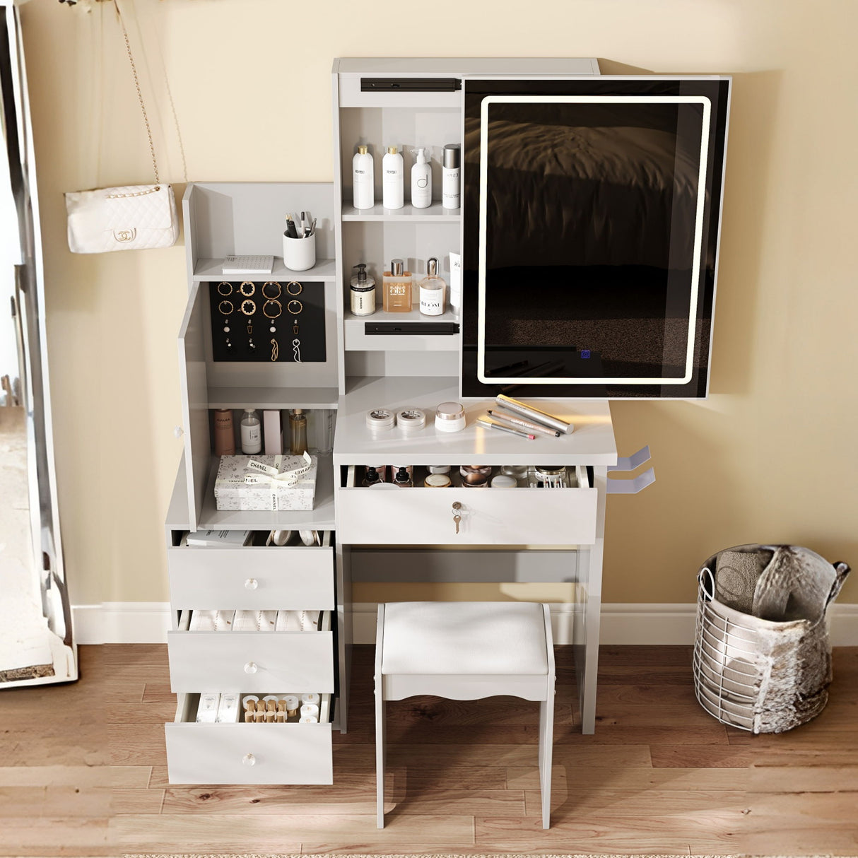 Vanity Desk Set With Sliding Lighted Mirror, 4 Drawer Makeup Dressing Table With 9 Storage Spaces, Hidden Compartments & Cushioned Stool, Beauty Furniture For Bedroom - White