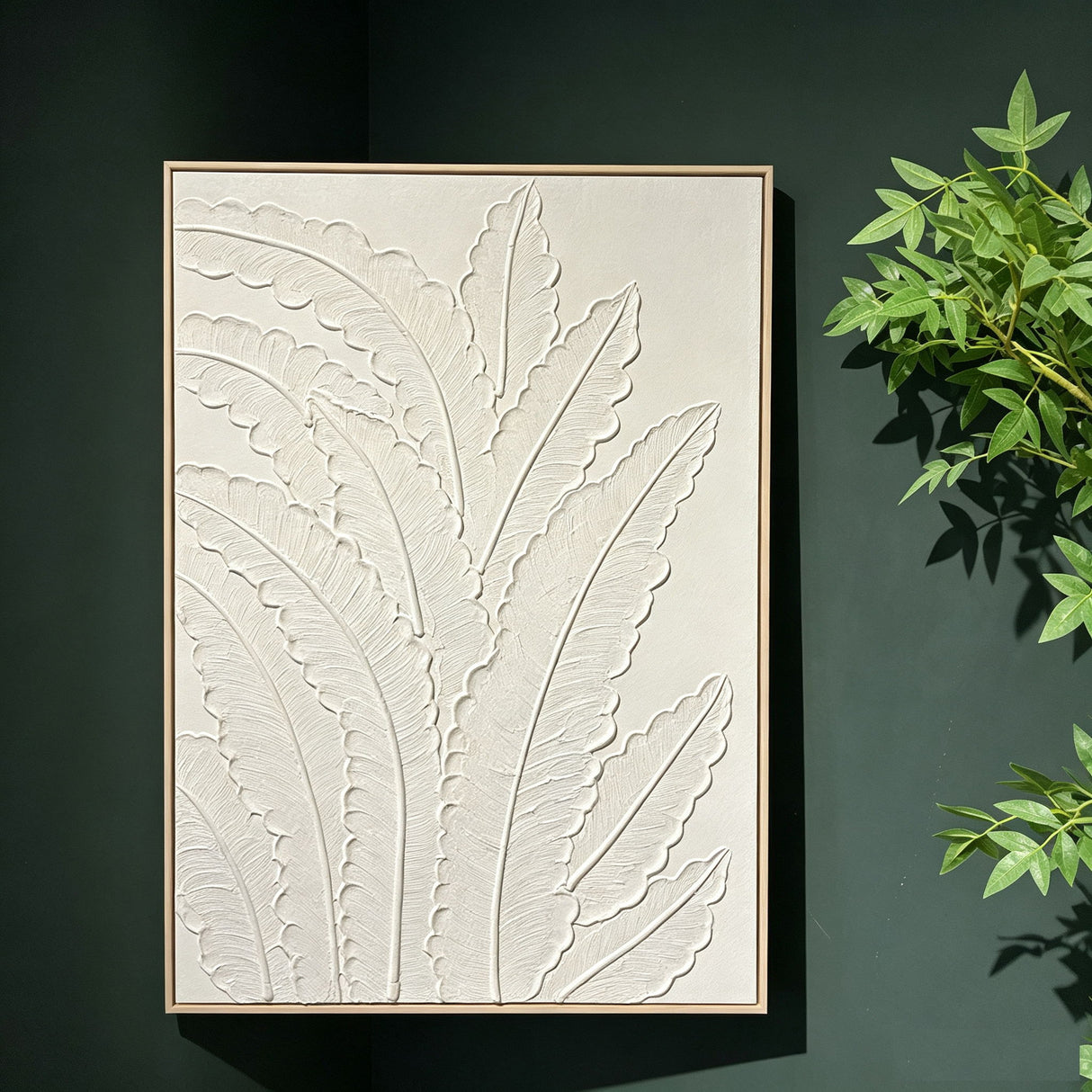 Framed Botanical Leaf Wall Art, Thick Textured Canvas Painting, Neutral Decor For Living Room - White