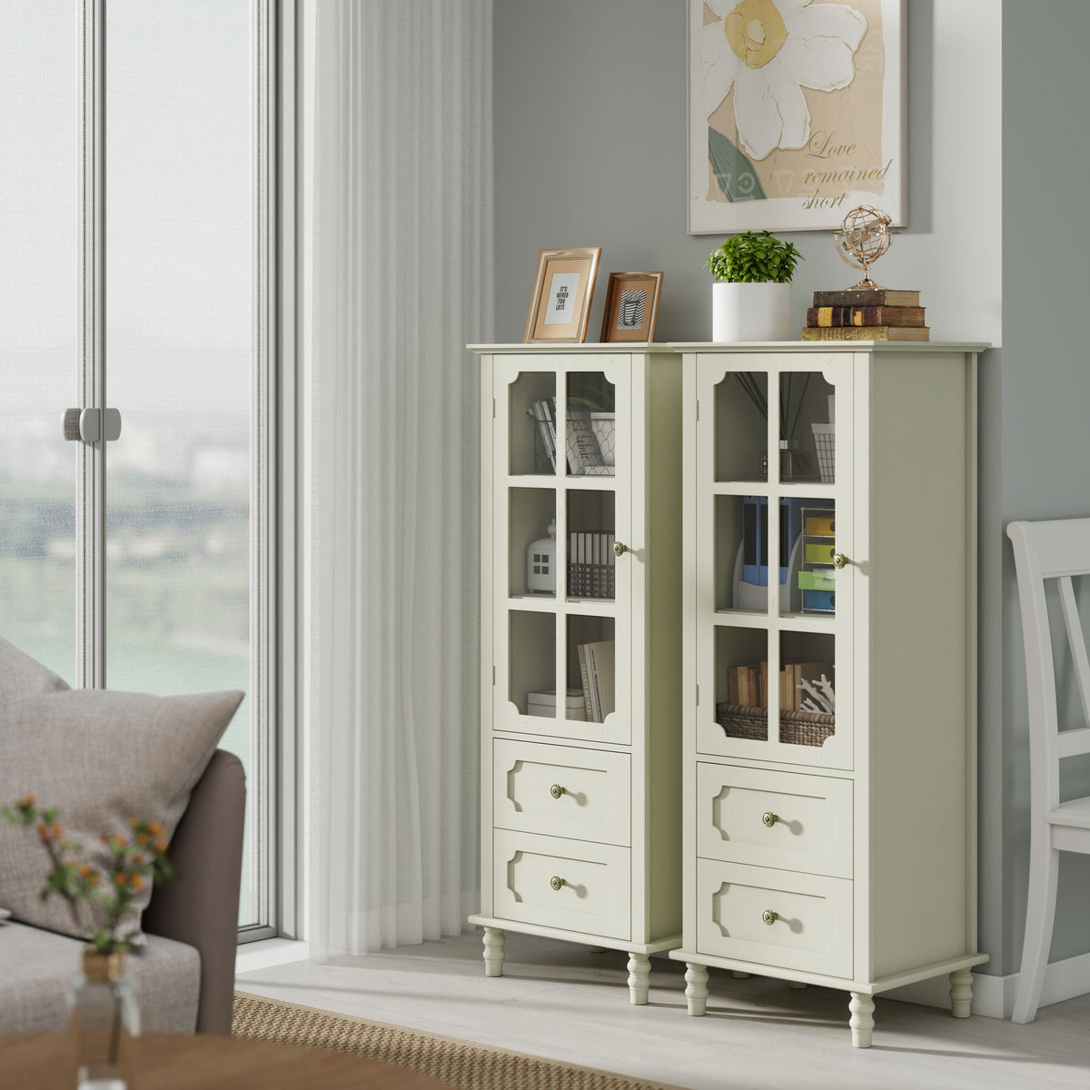 Minimalism Buffet Cabinet With Glass Doors And Double Drawer