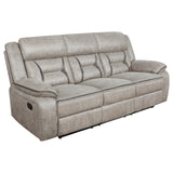 Greer Upholstered Motion Reclining Sofa in Taupe