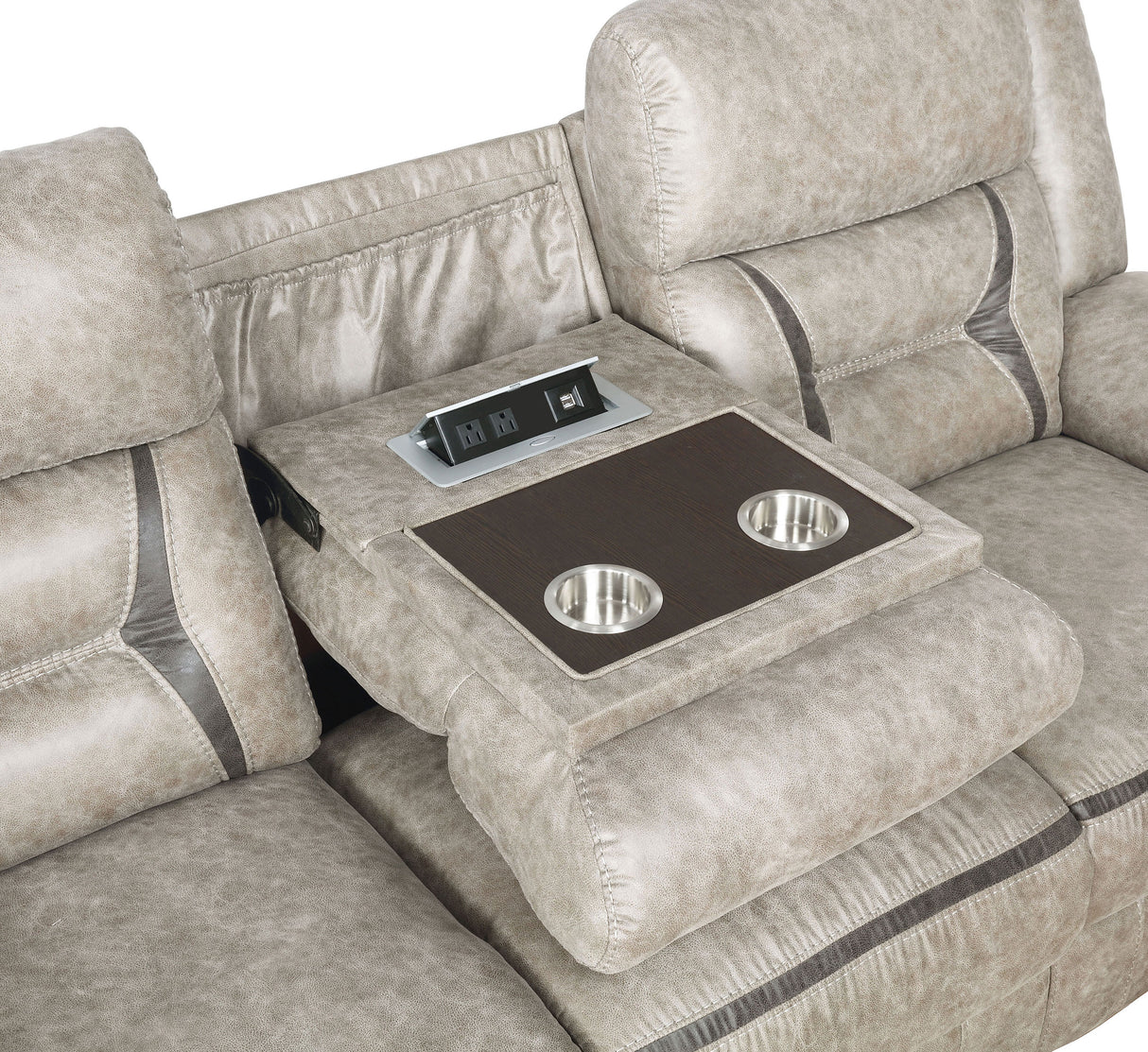 Greer Upholstered Motion Reclining Sofa in Taupe