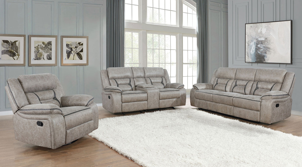 Greer Upholstered Motion Reclining Sofa in Taupe