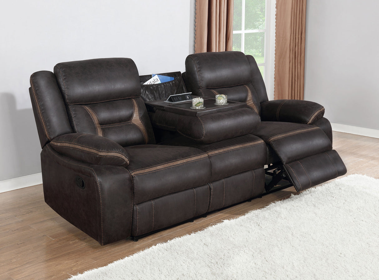Greer Upholstered Motion Reclining Sofa in Brown