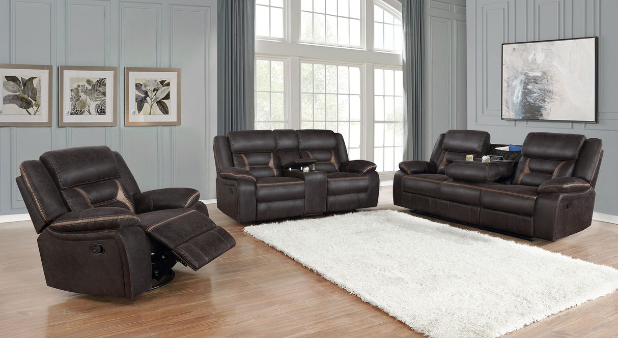 Greer Upholstered Motion Reclining Sofa in Brown