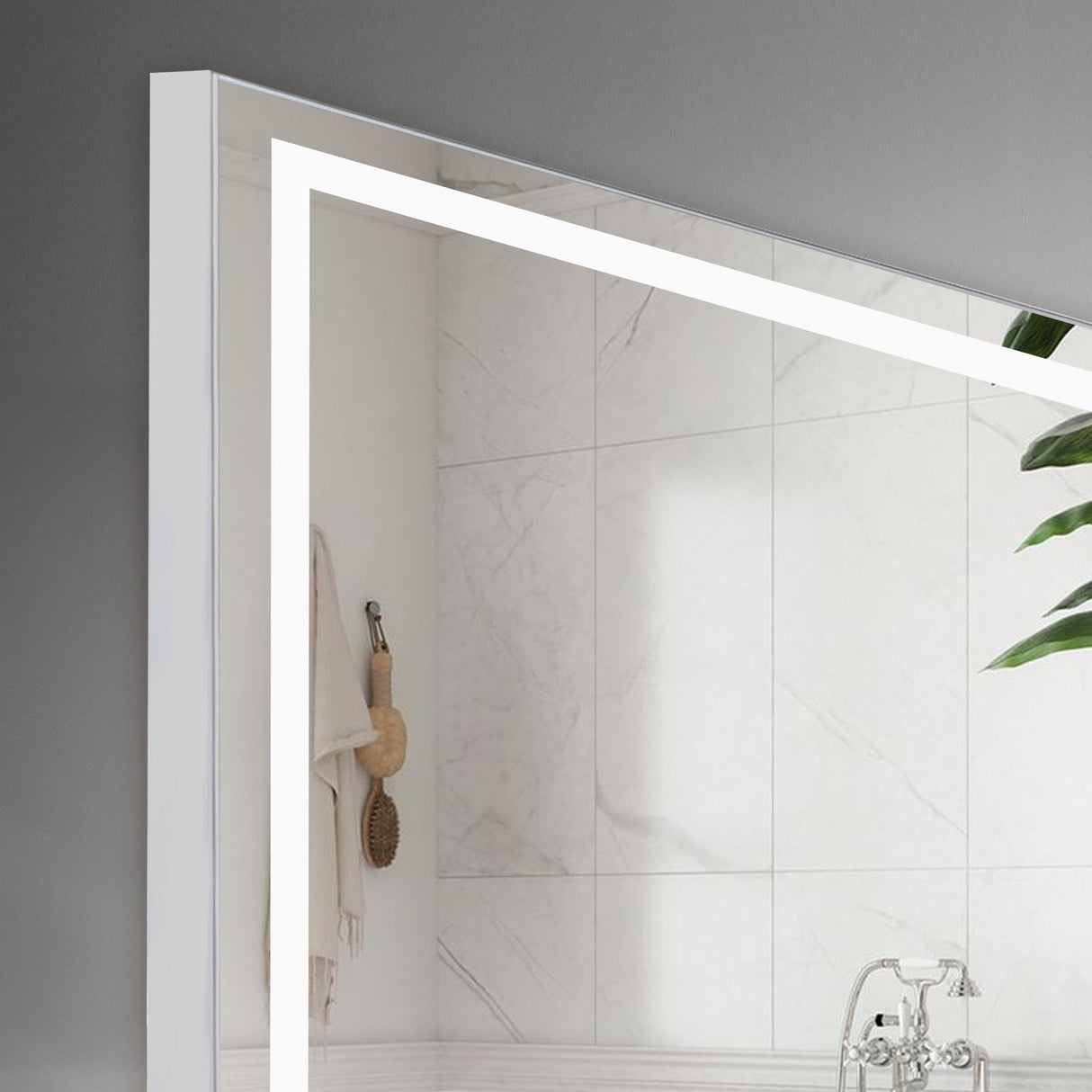 LED Bathroom Vanity Wall Mirror With Straight Edge Design, Frosted Glass Finish, Anti Fog, Dimmable 3 Color Lighting - Silver