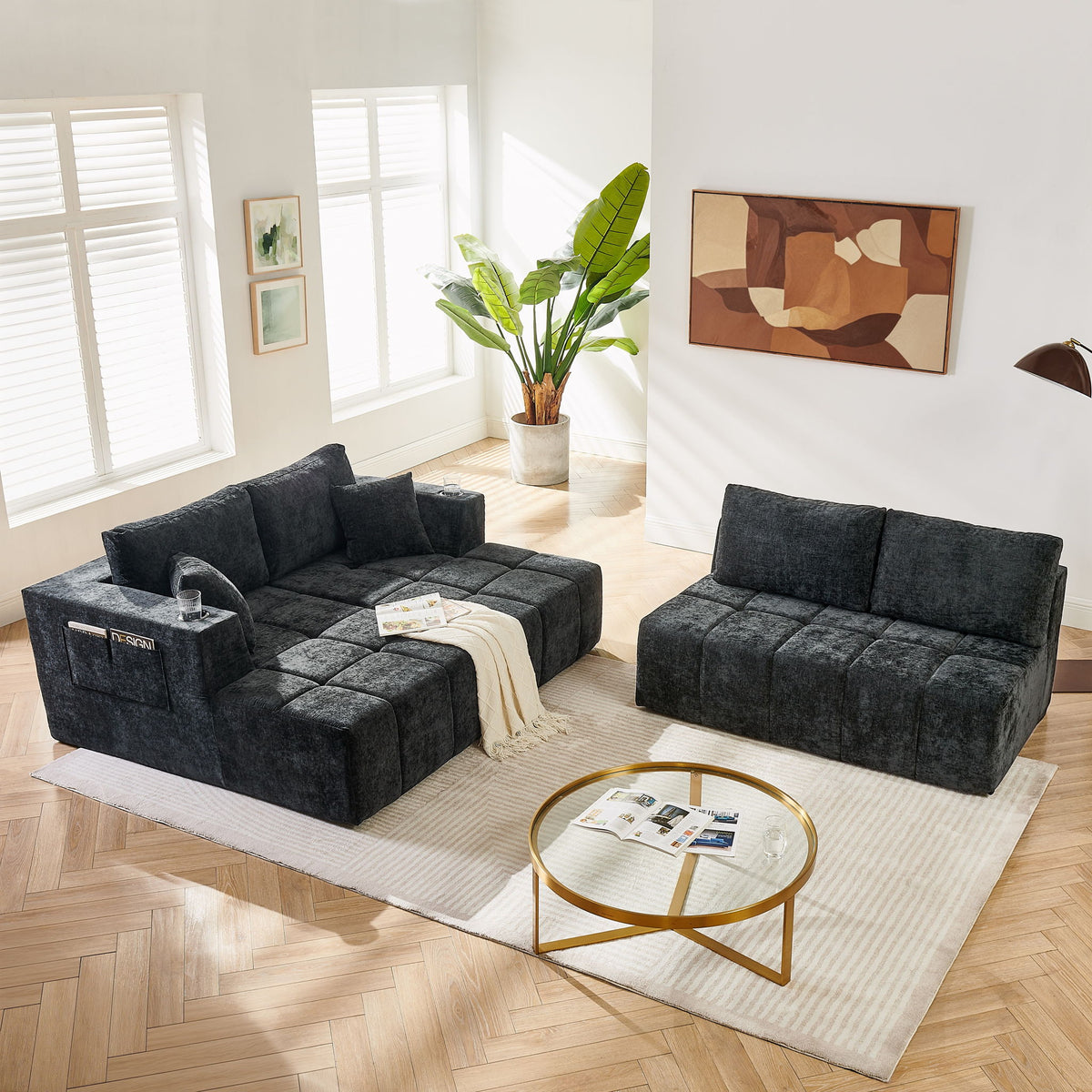 U - Shaped Sectional Sofa, Cup Holders & Side Pockets For Living Room