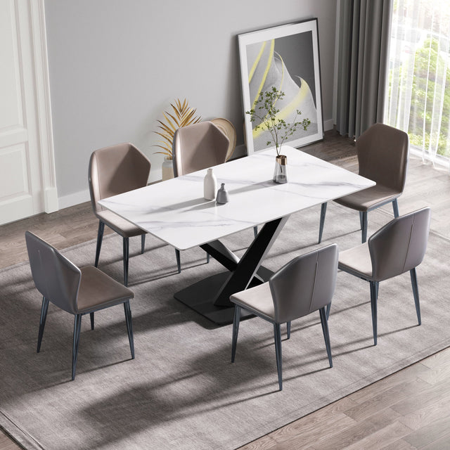 63" Modern Artificial Stone Straight Edge Metal X-Leg Dining Table, 6 People - White / Black - Dining Tables - Alpine Outlets