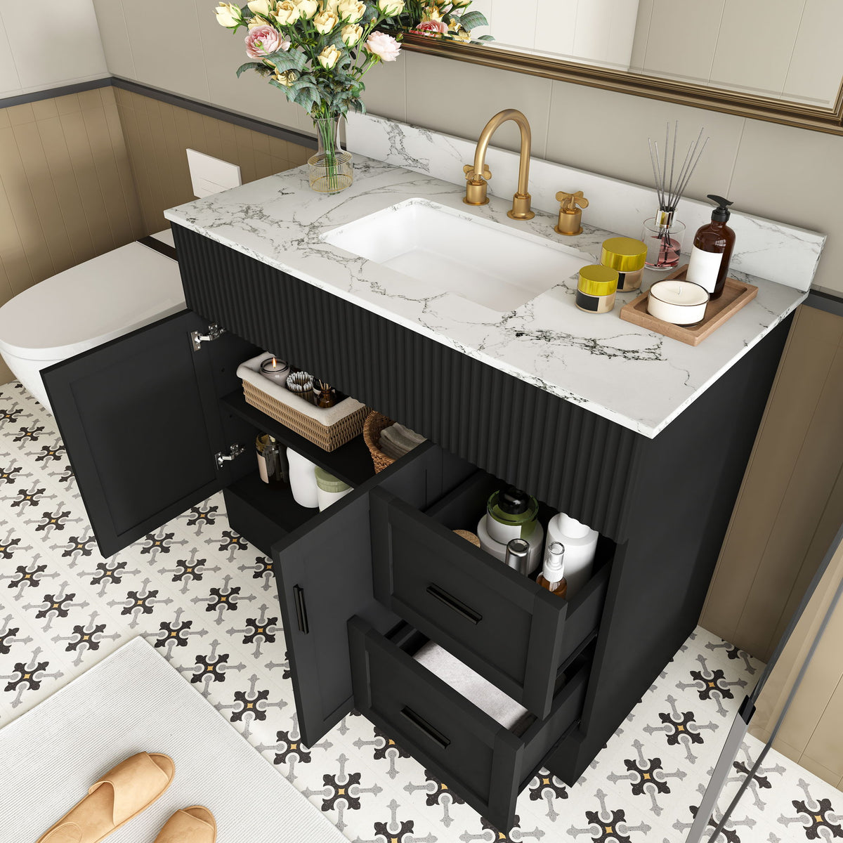 Bathroom Vanity Set, Fluted Cabinet, Soft Close Doors & Drawers, 3 Faucet Holes - Black