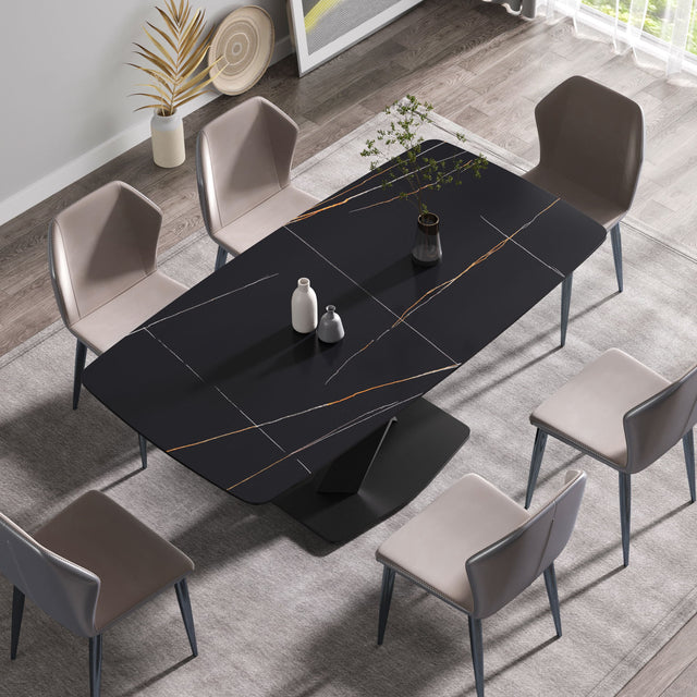 70.87" Modern Artificial Stone Black Curved Black Metal Leg Dining Table, Can Accommodate 6-8 People - Black - Dining Tables - Alpine Outlets