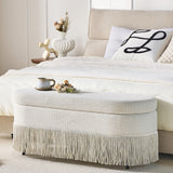 Oval Upholstered Storage Ottoman With Fringe Trim & Lift Top Lid