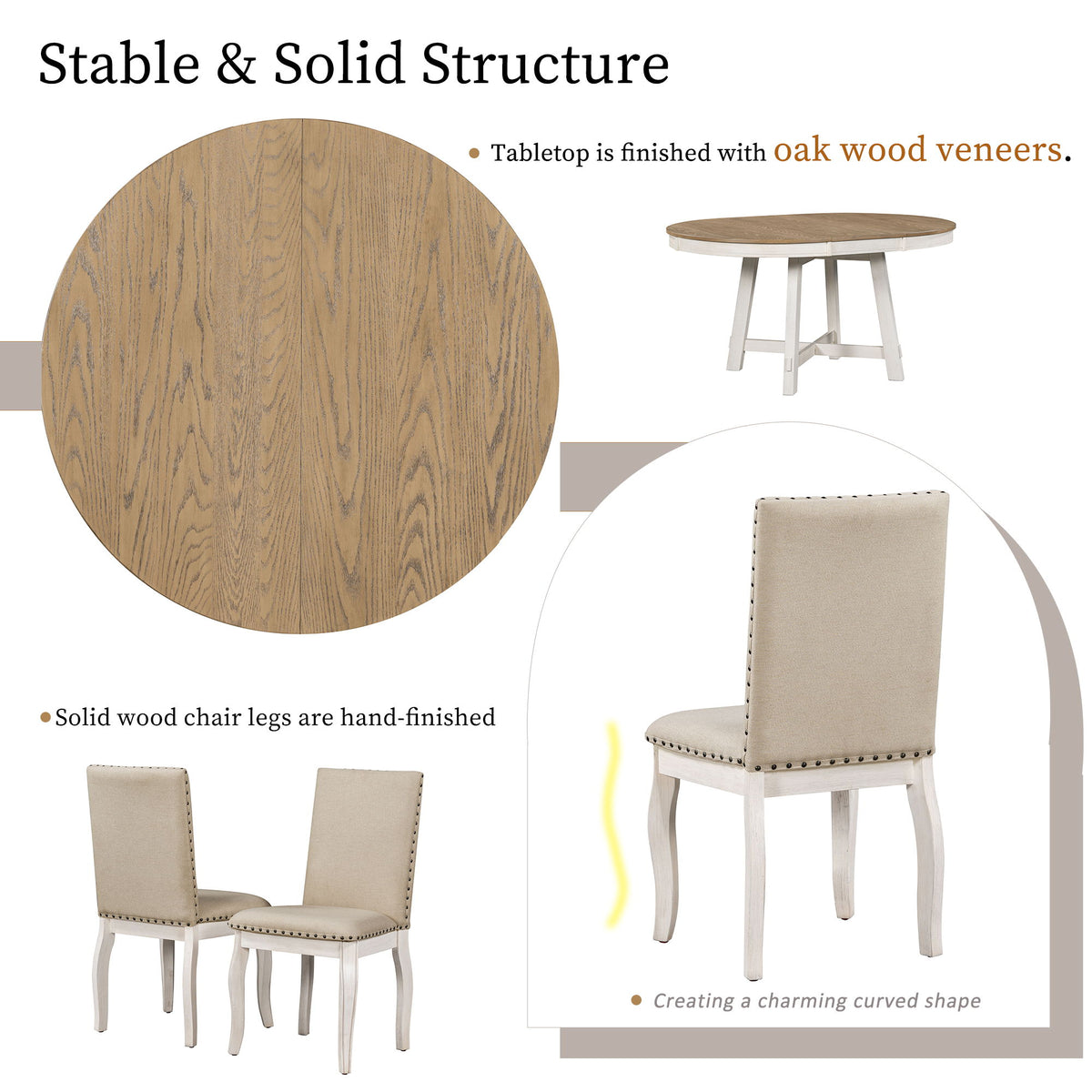 Round Extendable Dining Table Set With 4 Upholstered Chairs