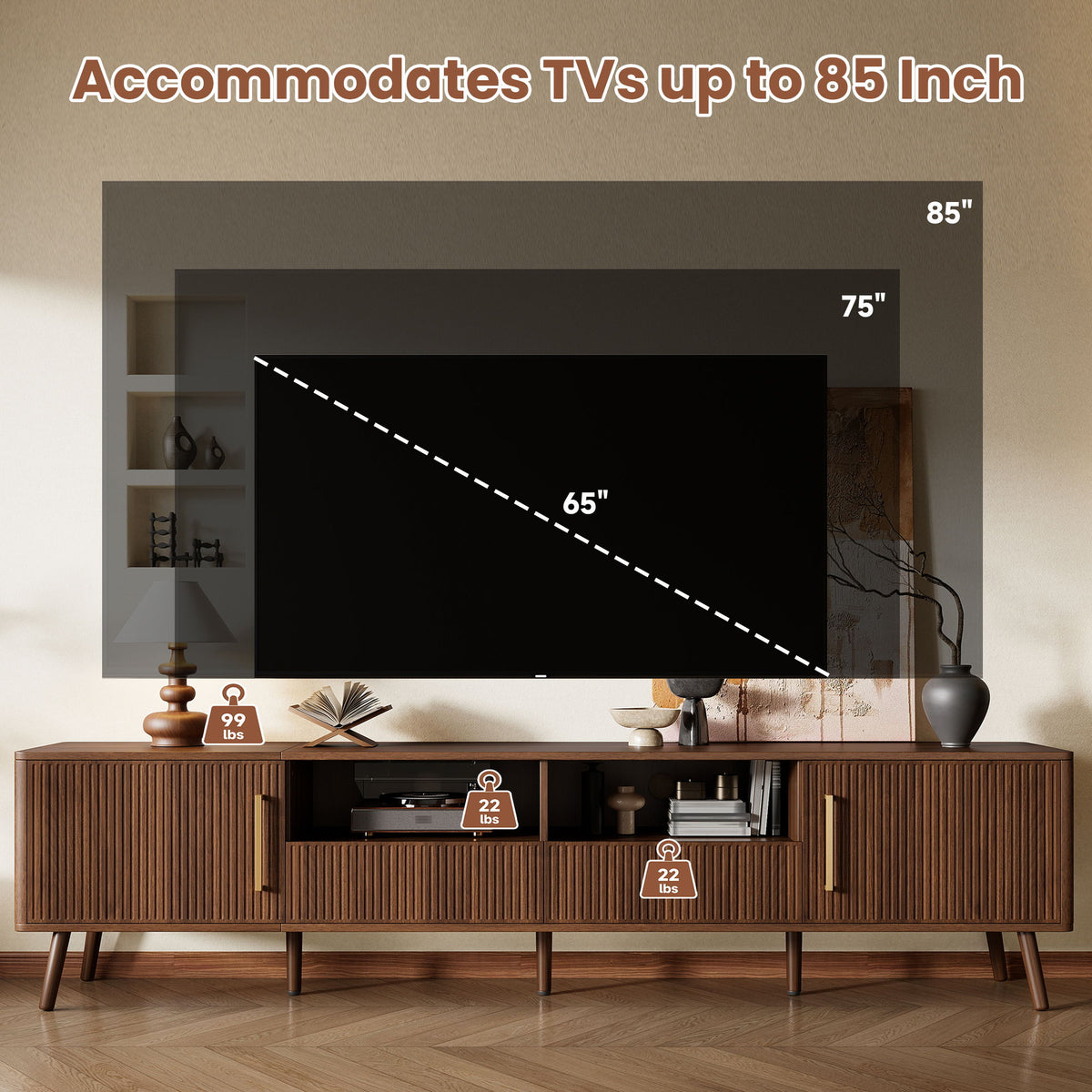 78" TV Stand For 85" TVs With Fluted Doors, Open Shelf, Cable Management - Walnut
