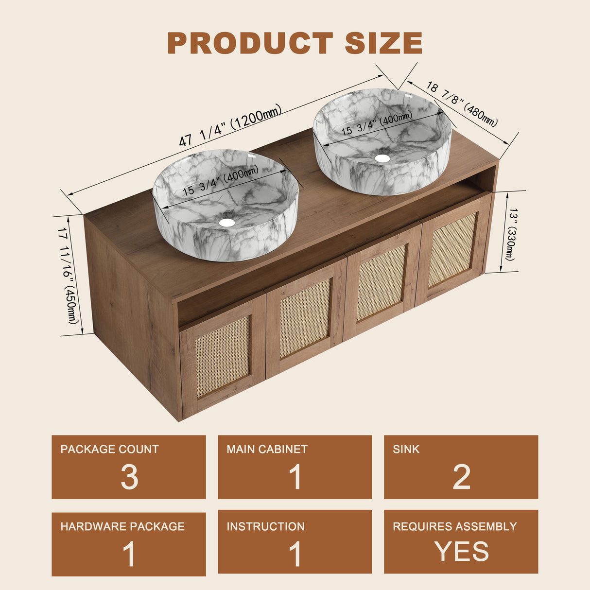 Bathroom Vanity With Art Sink, 2 Soft Close Doors, Float Mounting Design