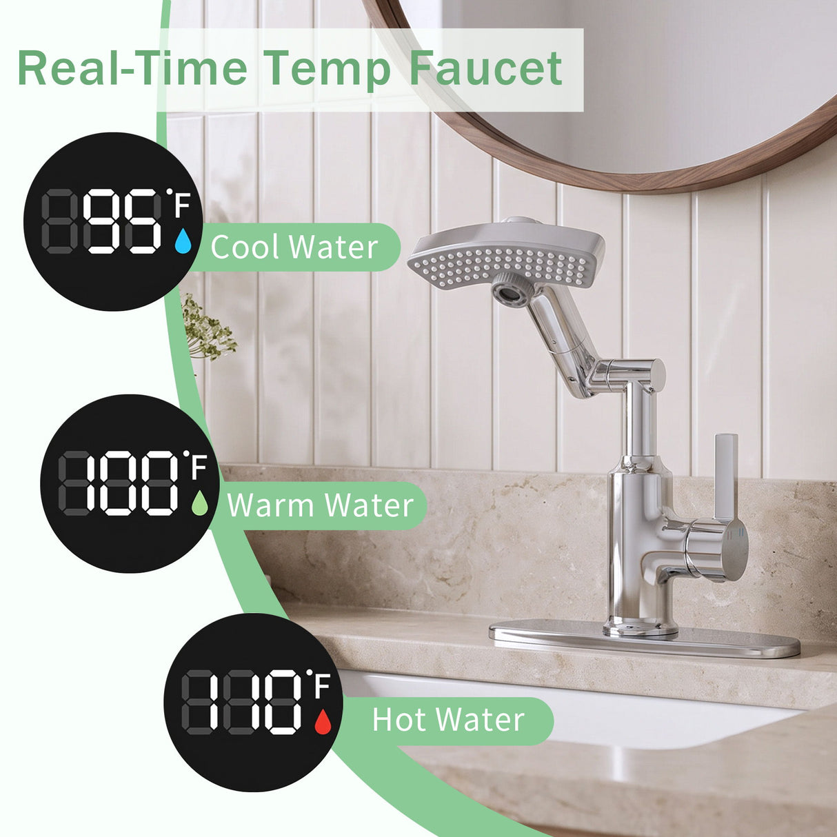 LED Temperature Display Bathroom Faucet With 3 Water Modes & 360° Rotating Spout - Chrome