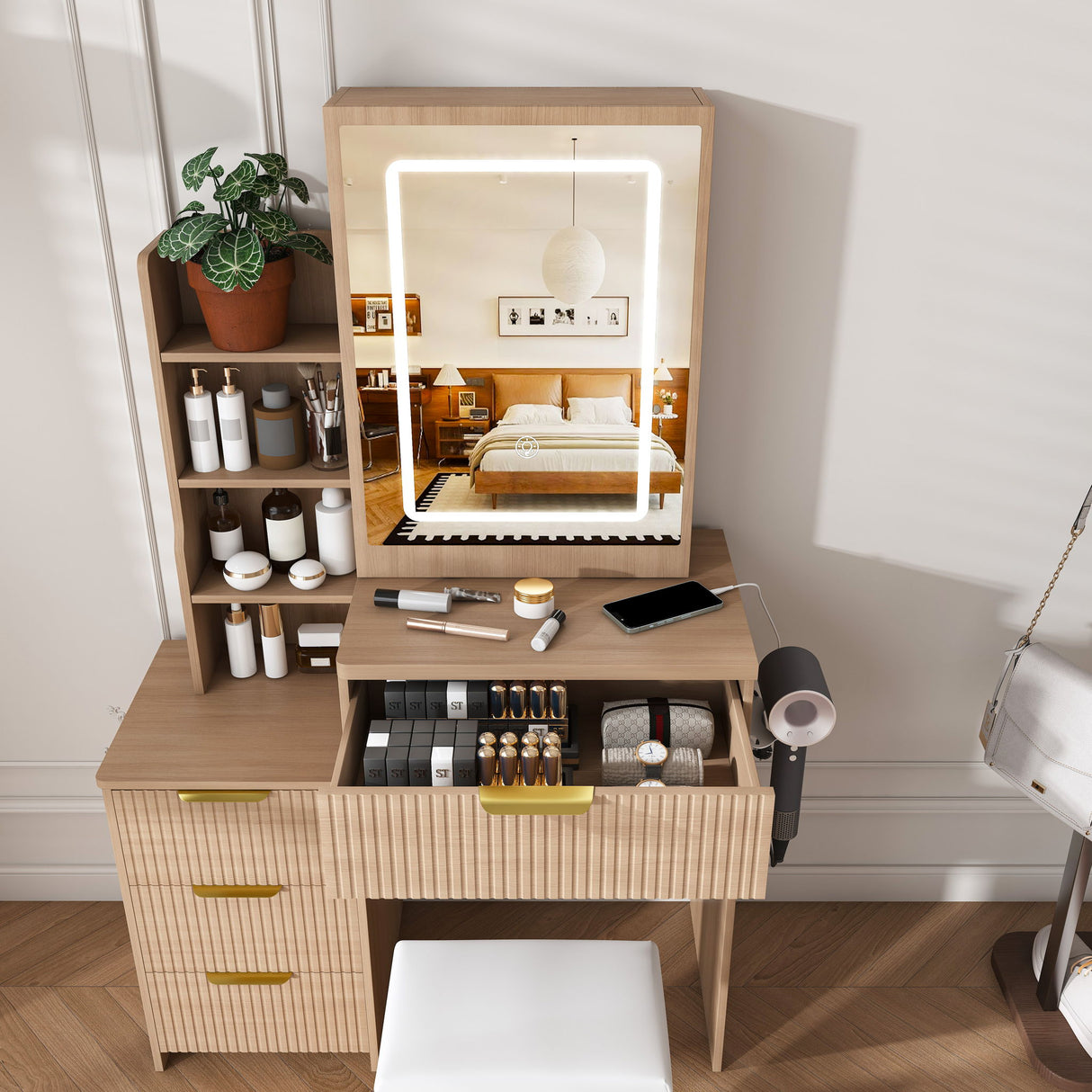 Modern Vanity Desk With 3 LED Lighting Modes, 4 Drawers
